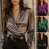 Women Shirt V-Neck Long Sleeve Pleated Design Pullover Tops Solid Color Relaxed Fit Three-Dimensional Pleats Curved Hem Workwear Shirt