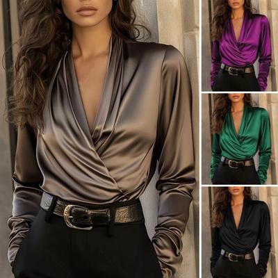 Kadın Gömlek V Yaka Uzun Kollu Pileli Tasarım Pullover Üstler Düz Renk Rahat Kesim Üç Boyutlu Pileler Kavisli Etek Ucu İş Giyimi Gömlek