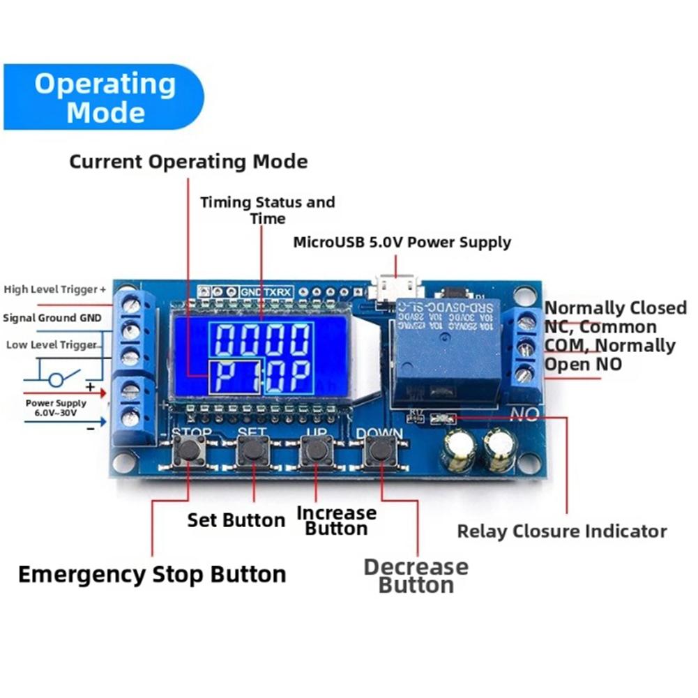 5V/12V/24V Delay Relay Module with LCD Display Supporting Multiple Trigger Signals and Output Capability up to 30V 5A or 220V 5A