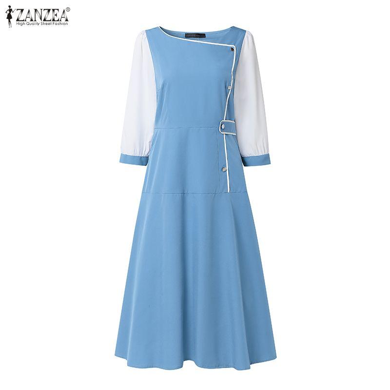 ZANZEA Women Casual Round Neck Splice 3/4 Sleeve Elegant Dress