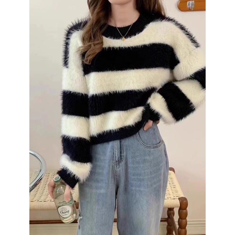New contrasting stripes autumn and winter loose fashion lazy wind pullover women's crew neck knitted sweater women's
