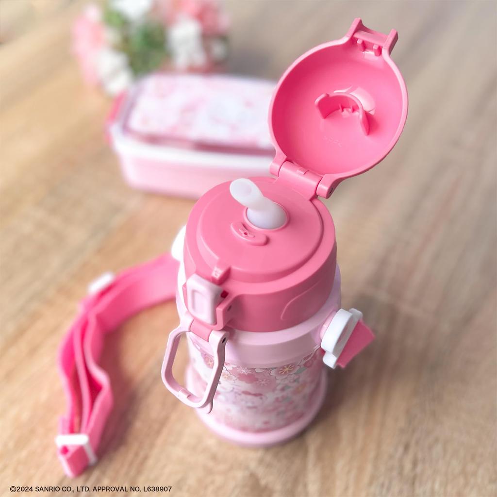 OSK Hello Kitty Sakura Stainless Steel Bottle with Straw, Pink [SBR-450S] with Shoulder Strap