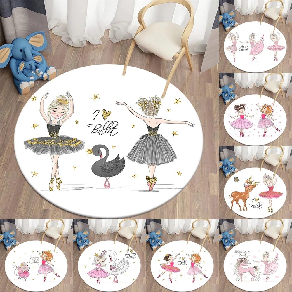 Ballet Dancer Girl Round Carpet Cute Cartoon Animal Fairy Print Area Rug For Bedroom Living Room Decor Non-Slip Play Floor Mat