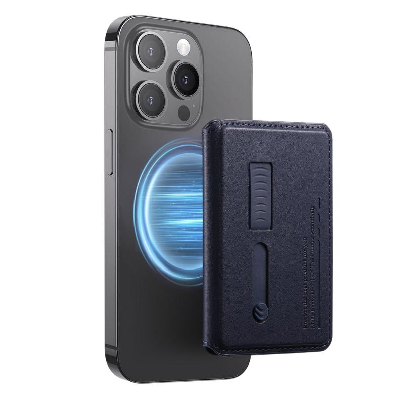 Adjustable Viewing Angle Phone Stand Card Storage Foldable Design Magnetic Backing PU Leather Construction