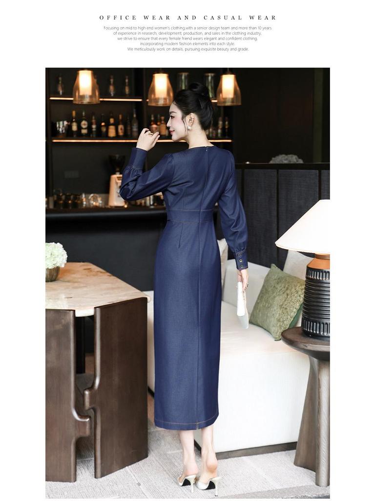 2026 Spring Women's Long Sleeve Elegant Denim Slit Dress