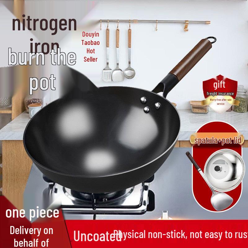 Nitrided Iron Non-Stick Rust-Proof Wok - Forged, No Coating, Round Bottom.