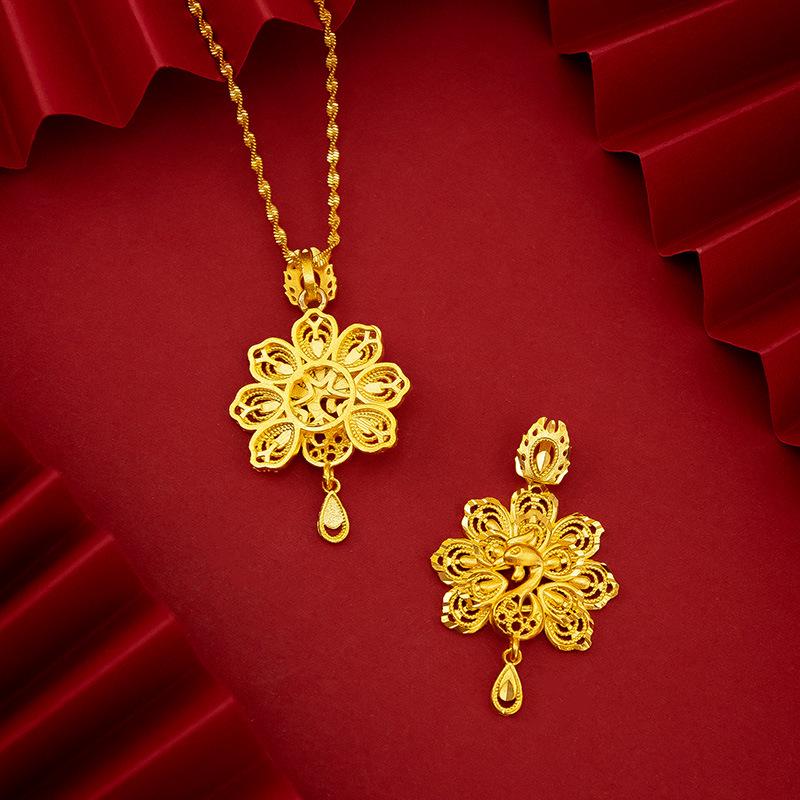 Vietnamese Gold-Plated Peacock Pendant: Ethnic Brass Water Drop Design for Women's Wedding Costume