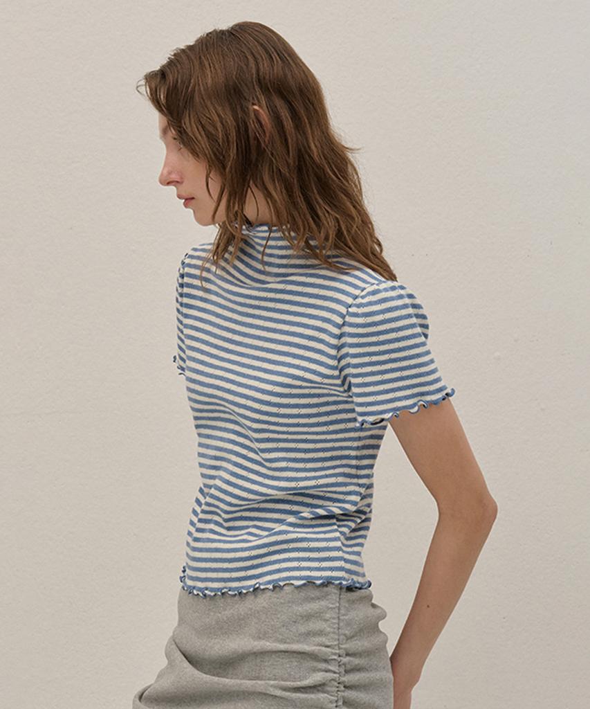 Kamino Striped Half-Neck Shirred Knit Blue