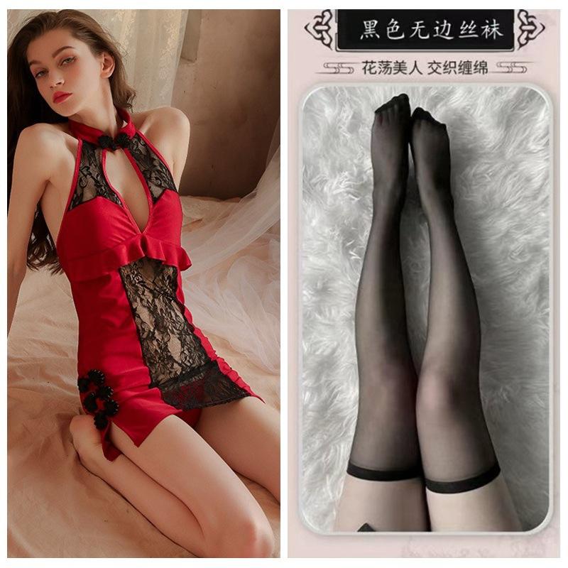 Sexy Lace Seduction Deep V Vintage Cheongsam Pajamas Hot Uniform Seduction Set