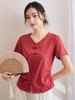 2026 Summer Women's Loose V-Neck Cotton T-shirt with Frog Button - Solid Color, Chinese Style