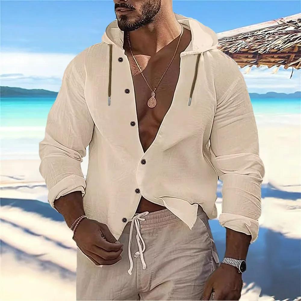 Men's Casual Cotton Linen Hooded Shirts Lightweight Breathable Vacation Tops Autumn