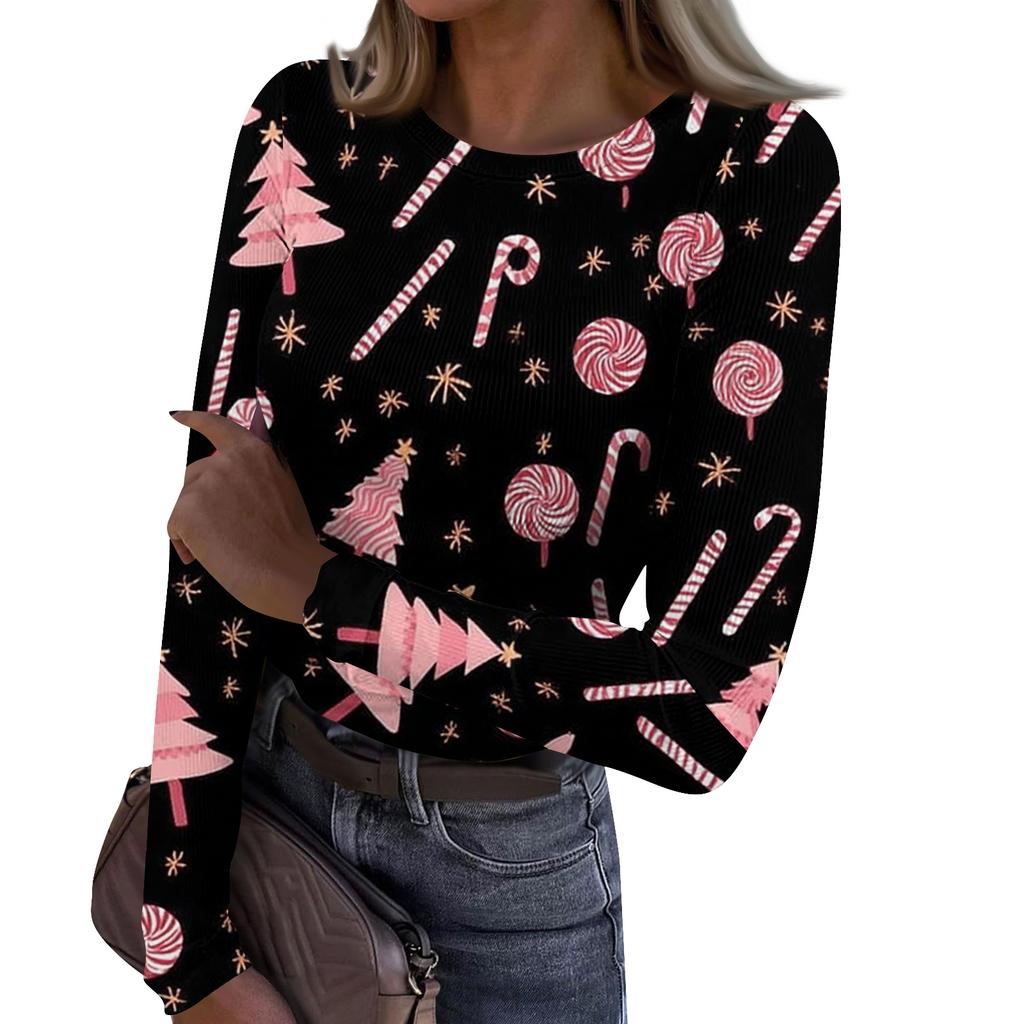 Γυναικείο Μοντέρνο Μπλουζάκι Βασικής Στρώσης Στενής Γραμμής με Στρογγυλή Λαιμόκοψη και Χριστουγεννιάτικη Εκτύπωση, Μακρυμάνικο Τοπ