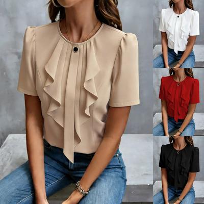 2026 New Women's Summer Ruffled Pleated Round Neck Short Sleeve Shirt Top