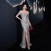 Champagne Shoulder Sequin Dress Vocal Art Candidates Fish Tail Beautiful Engagement Bride Toast Dress Split Forked Dress