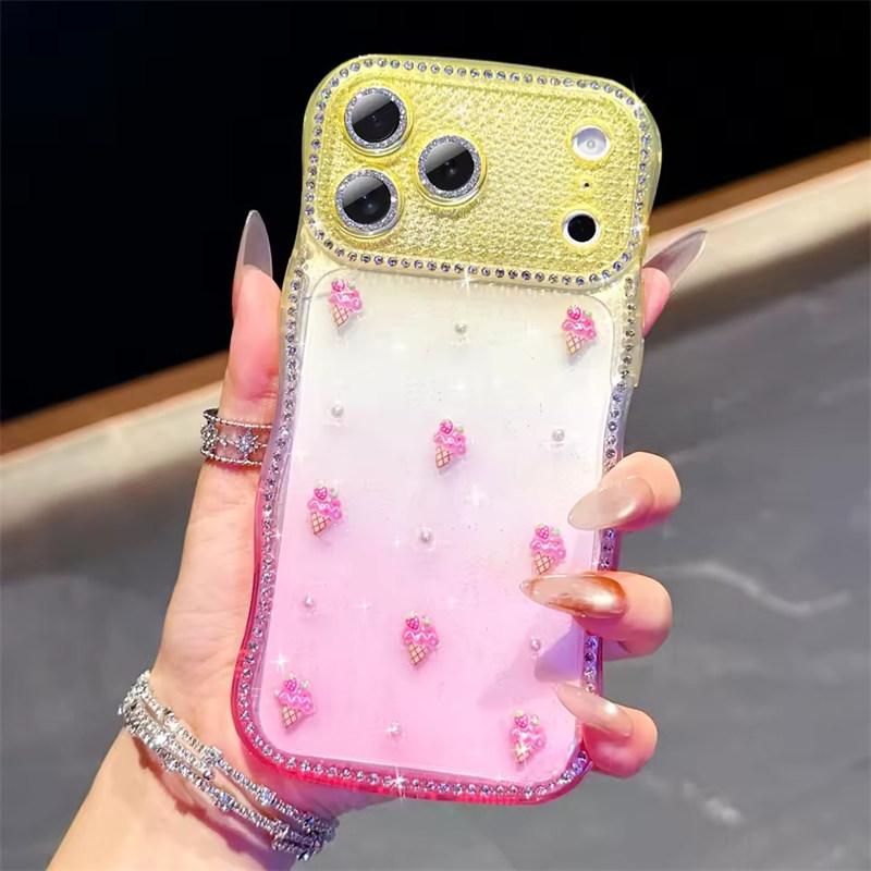 

Gradient Glitter Heart Strawberry Cherry Ice-Cream Doll Case For iPhone Air 17 16 15 14 13 Pro Max Plus Aesthetic Diamond Cover iPhone 13 жовтий