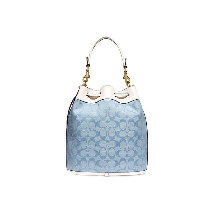 Coach 23 Frill Print Drawstring Canvas And Leather Tote Shoulder Crossbody Bag Medium Women Bags White Denim-Blue C4693-B4SUX
