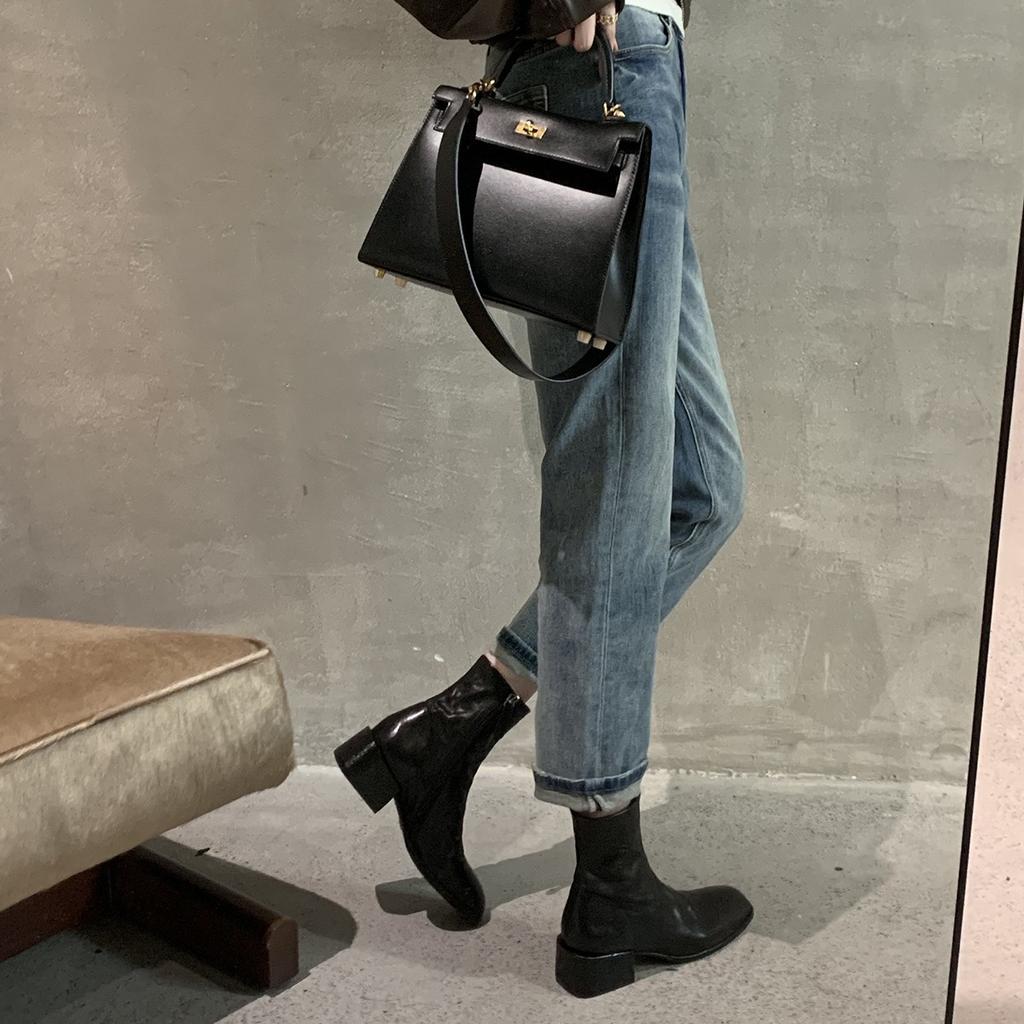 Seconds hair~ Grape mother, Korean square head washed horse skin thin short boots thick heel thick sole small ankle boots women's autumn and winter