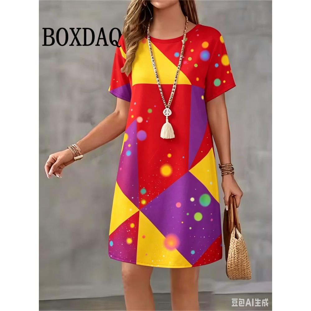 Casual and Fashionable Round Neck Short Sleeved Geometric Printed Loose Women's Dress for Summer
