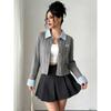 Womens College Style Cropped Knit Cardigan With Polo Collar Cable Embroidery Slim Fit Long Sleeve