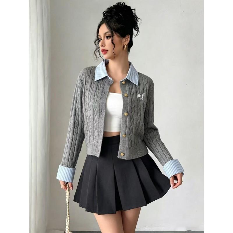 Womens College Style Cropped Knit Cardigan With Polo Collar Cable Embroidery Slim Fit Long Sleeve