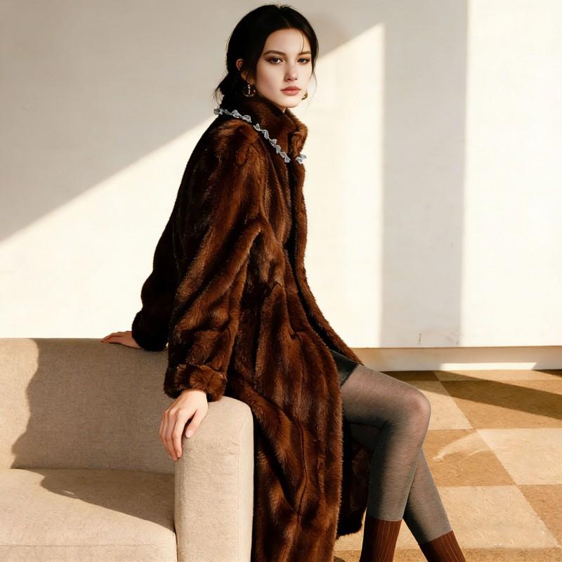 Womens Faux Mink Long Coat With Stand Collar Fur Trim Winter Warm Outerwear Elegant Casual Style
