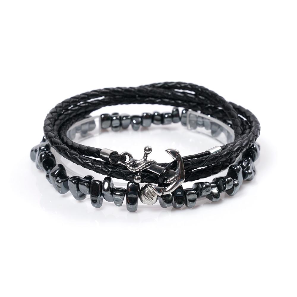 Jbans Classic Asymmetrical Seahorse 735 Surgical Steel Anchor 738Bk Leather Bracelet Set (C2101-Se187_Bk)