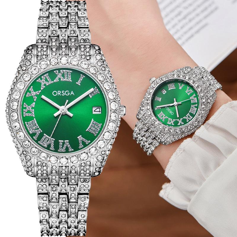 Stainless Steel Women's Watches Full Diamond Gold Quartz Watch Elegant Dress Roman Diamond Inlaid Wristwatches