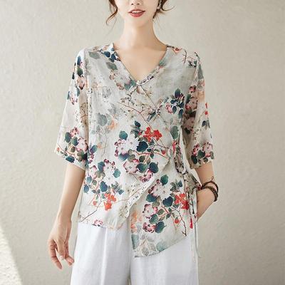 Short Sleeve Oversized Cotton Vintage Floral Casual Loose T Shirt Tops Women Summer T-shirt