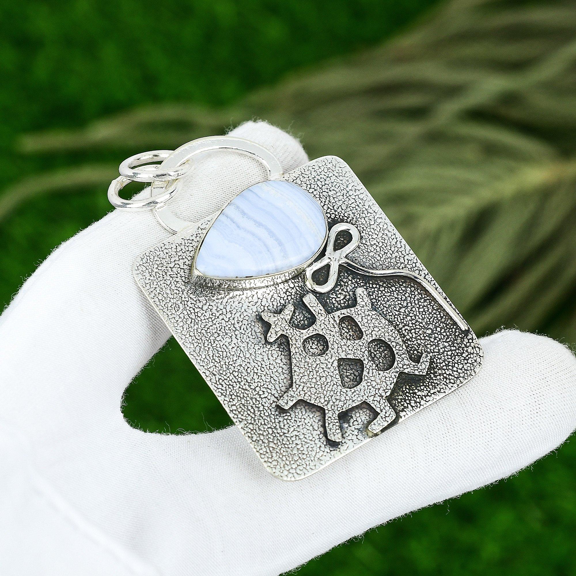 

Friendship Day Deal Natural Blue Lace Agate Sister Pendant Jewelry 925 Silver