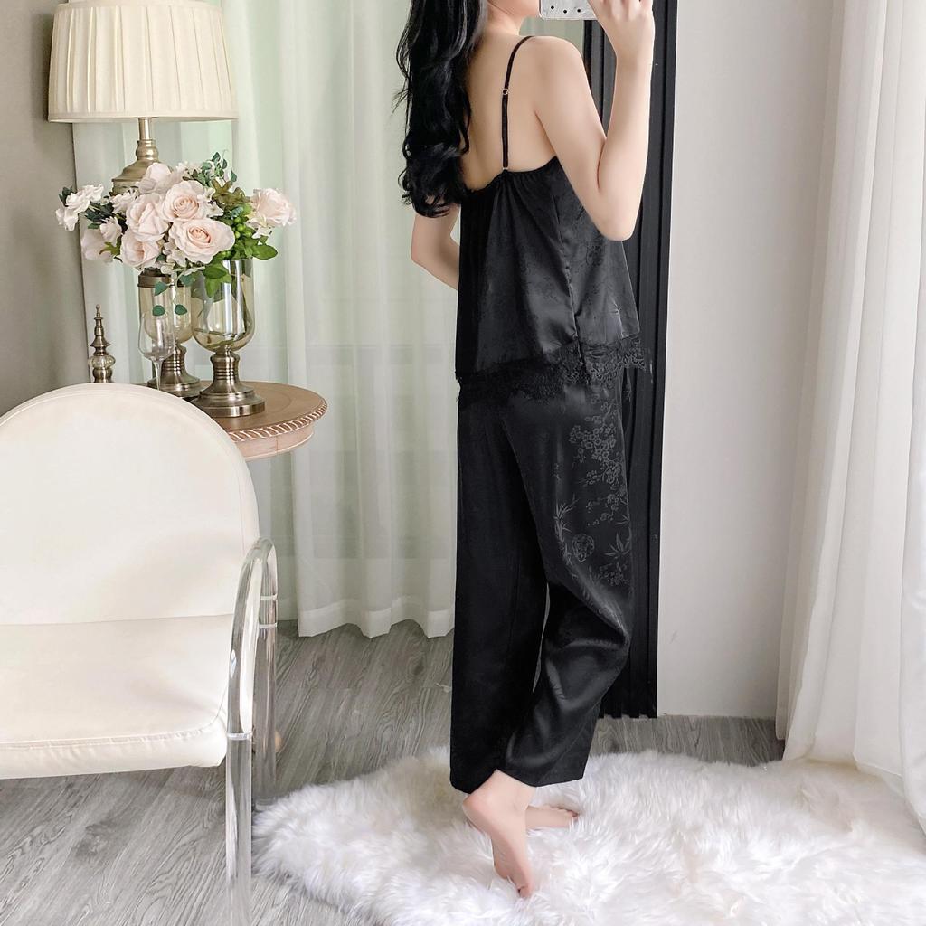 Women's Summer Ice Silk Camisole & Long Pants 3-Piece Set with Chest Pads - Light Luxury Homewear