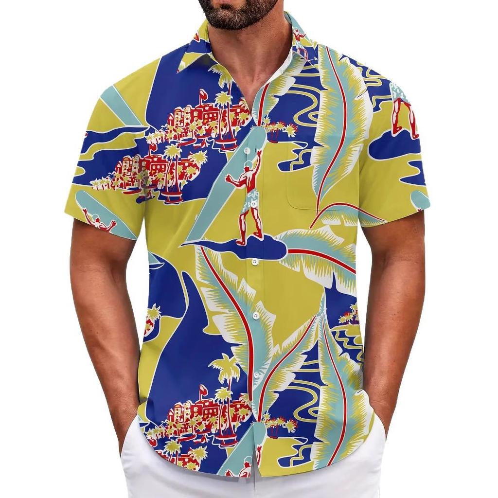 Hawaiian Retro Style High Sense Loose Beach Shirt Jacket Seaside Vacation Versatile Short Sleeve Flower Shirt Men'S Trend