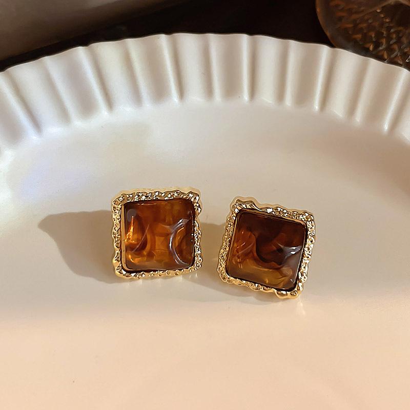 Maillard Coffee Color Amber Earrings Women's Autumn and Winter High-end Commuter Style Earrings Light Luxury Niche Design Earrings