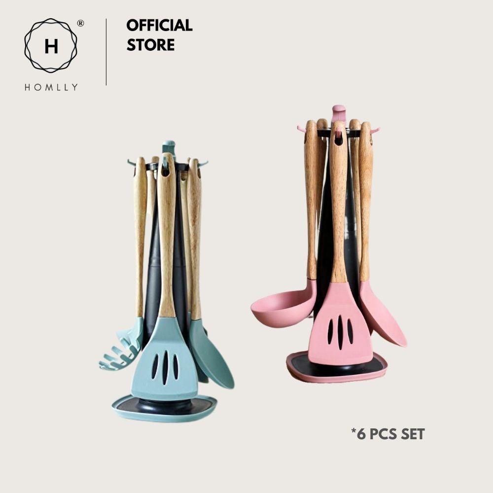 Homlly Silicone Wood Kitchen Utensils (6 piece Set)