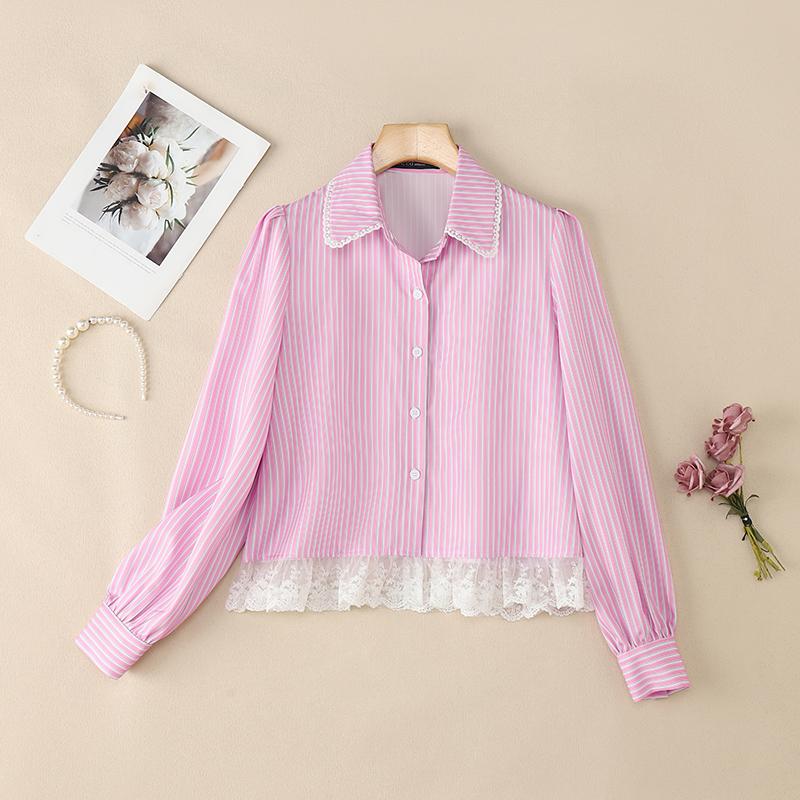 

ZANZEA Women Casual Turn Down Collar Long Sleeve Lace Splice Stripe Blouse 3XL розовый