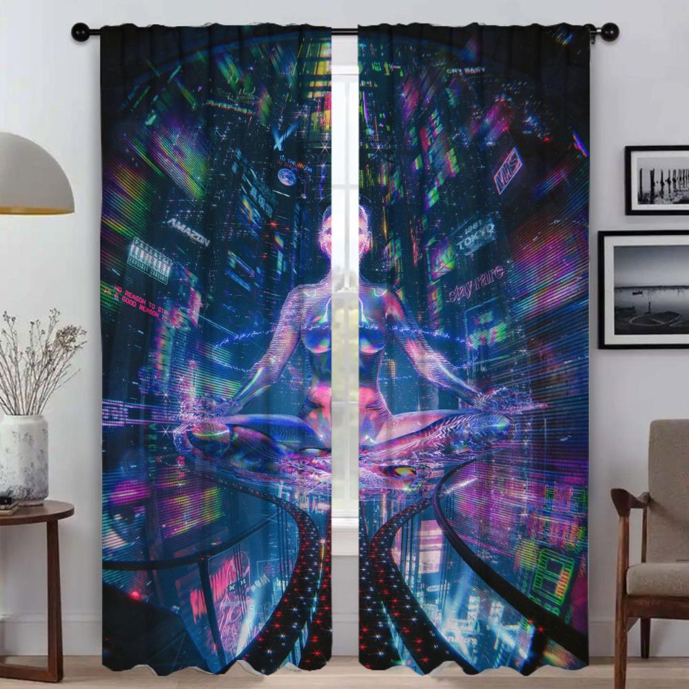 Japan Neon 3D Reams Window Curtain for Room 2 Panel Anti-mosquito Curtains Tulle for Bedroom Halloween Decoration Partition Home