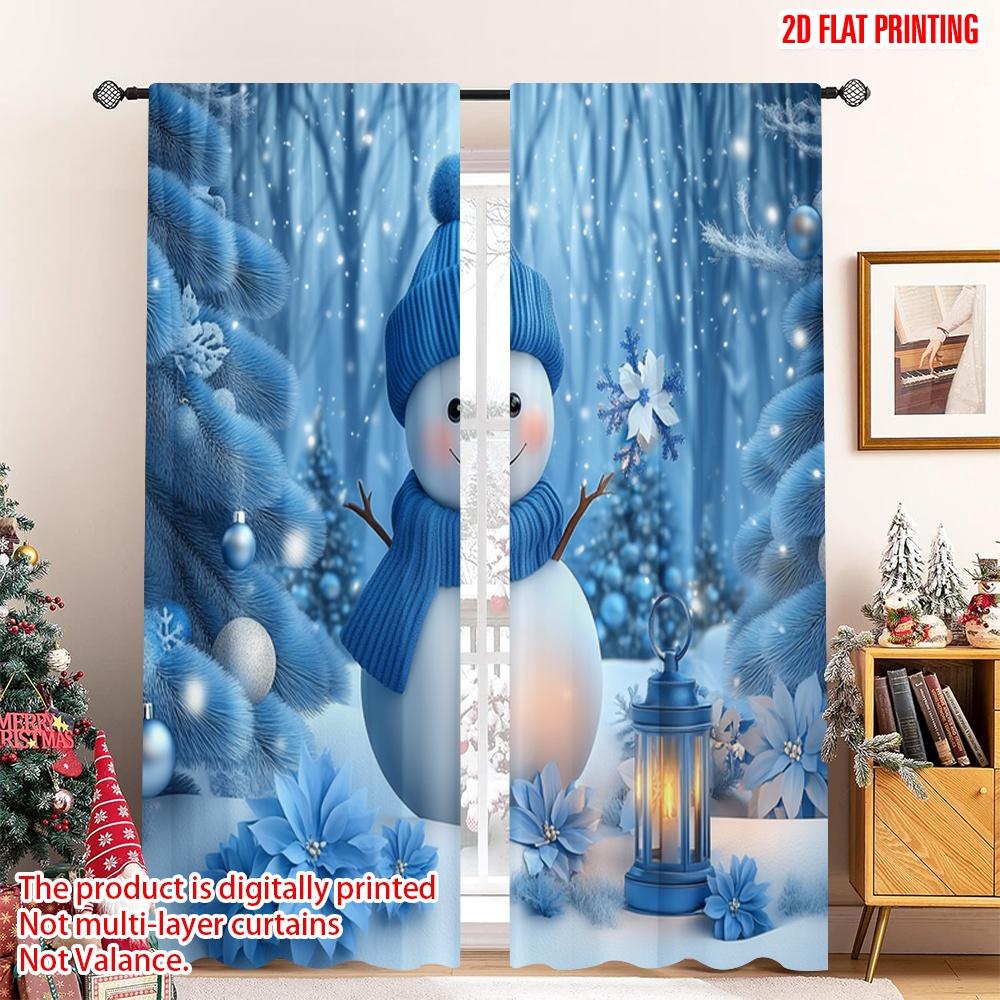 

2pcs 2D flat printing Christmas Party Curtain Cute Snowman Blue Christmas Trees 100% Polyester Without Electricity Holiday 100*130 Grommet Top 1pcs