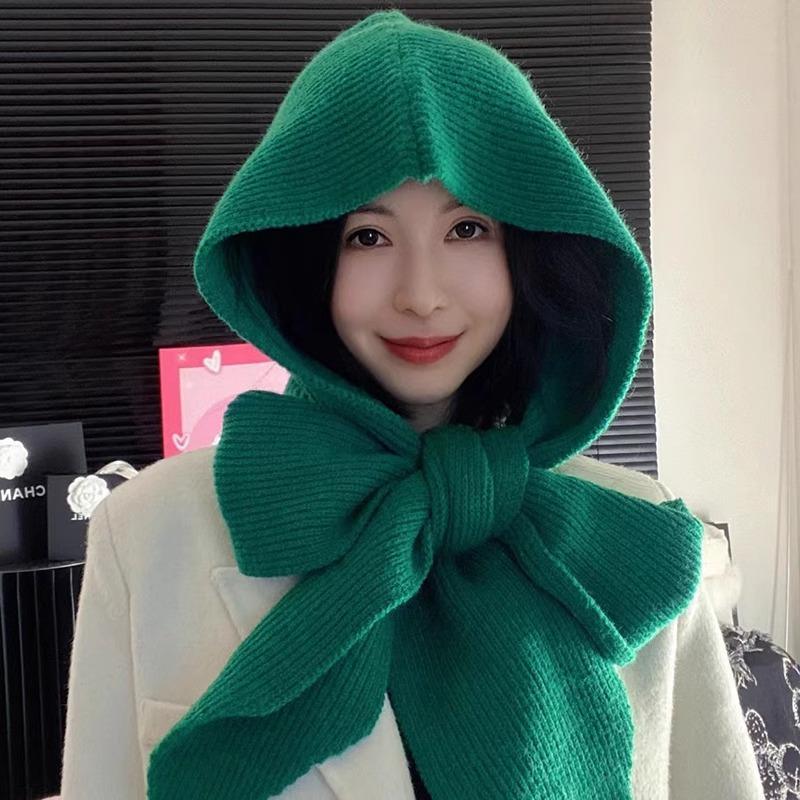 Women's Knit Wool Hooded Shawl: Solid Color, Windproof, Sun Protection, Versatile Neck Warmer for Autumn/Winter.