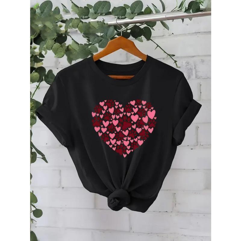European Size Women's Valentine's Day Heart Print Short Sleeve T-Shirt - Casual Spring Summer Blouse