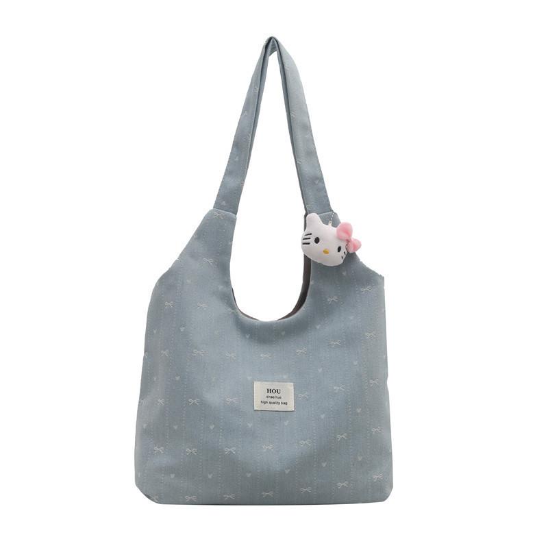 Korean Style Denim Tote Purse With Embroidered Stitching Small Capacity For Commuting