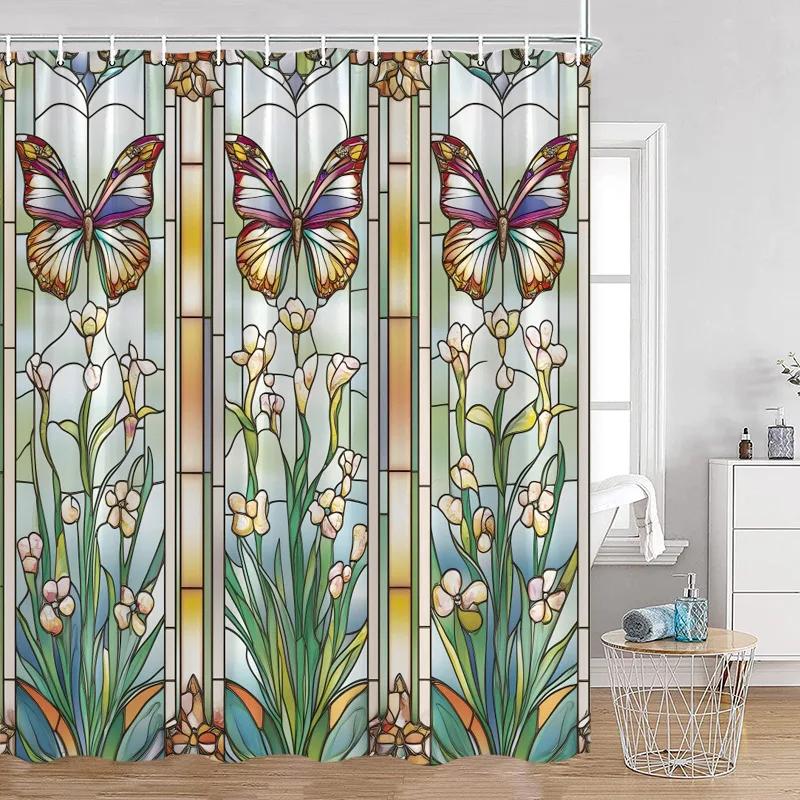Luxury Gold White Floral Shower Curtain Rose Butterfly Cherry Blossom Modern Art Flower Polyester Fabric Bathroom Curtains Decor