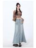 Women's High-Waisted Denim Fishtail Midi Skirt - Vintage Style, Raw Hem, Spring 2025