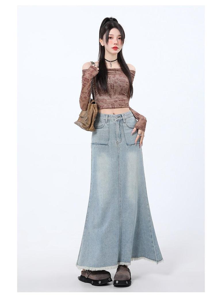 Women's High-Waisted Denim Fishtail Midi Skirt - Vintage Style, Raw Hem, Spring 2025