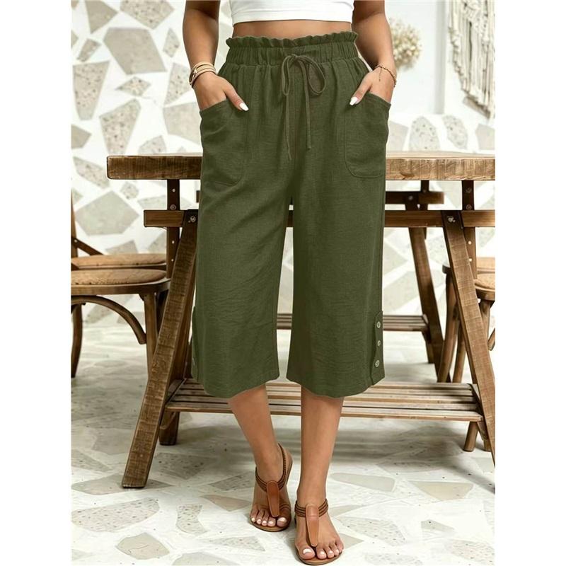 Fashionable, Casual, Solid-Color, Loose-Fit Cotton-Linen Midi Pants for Women (Summer) 2XL