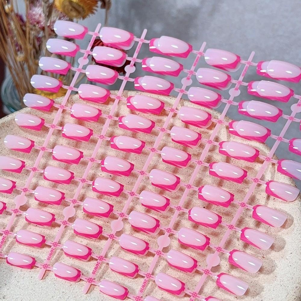 120Pcs Fashion White Edge Press On Nails Square Shape Medium Length False Nails Nude Pink Glossy Finish Fake Nails