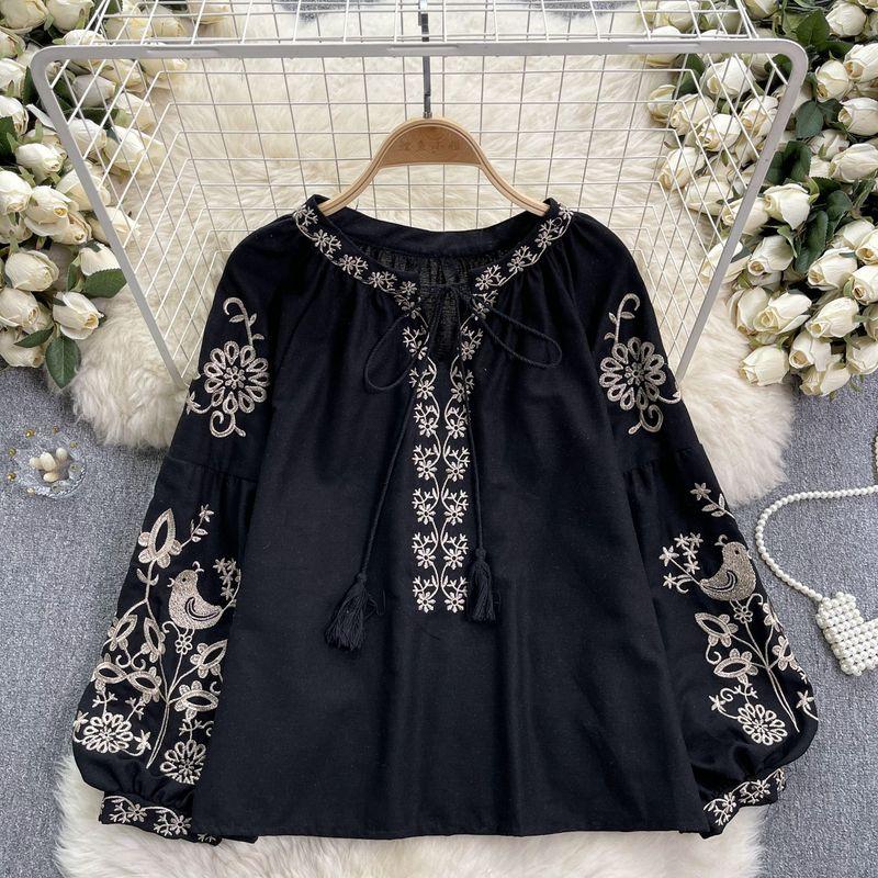 Ethnic Style Retro Machine Embroidery Shoelace Tassel round Neck Loose Slimming Youthful-Looking Puff Sleeve Top Women's Holiday Shirt