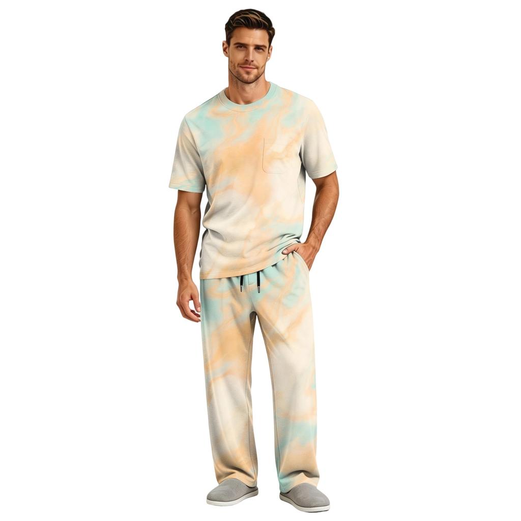 Men's Home Pajama Set, Short Sleeve Top and Long Pants with Button Fly and Drawstring Waist