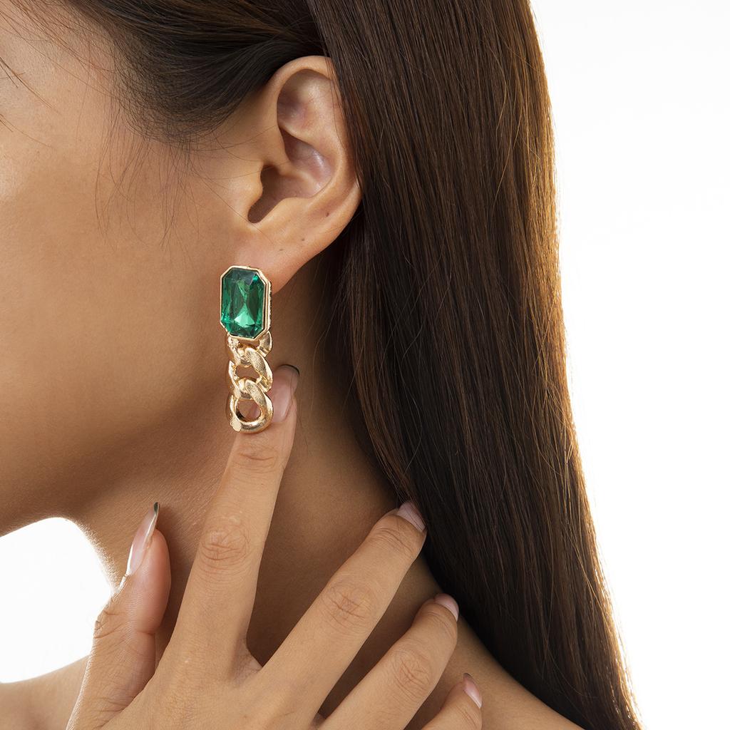 Temperament Simple Color Imitation Gemstone Stud Earrings Women, Retro Personalized Metal Chain Earrings