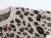 Leopard Print Round Neck Ribbed Knit Cardigan - European & American Style