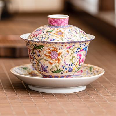 Cloisonne Enamel Gaiwan Chinese Tea Bowl Ceramic Heat Resistant with Lid Gongfu Tea Set Accessories Home Office Decoration