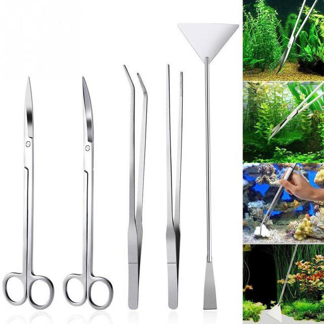 Aquarium Plant Tool Set: Straight & Curved Scissors, Wave Scissors, Tweezers, Forceps, Sand Leveler, Algae Scraper